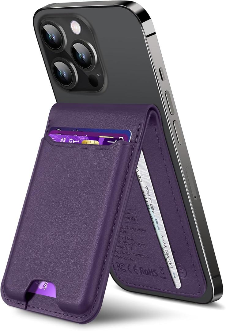 ExtreLife For Magsafe Wallet, Works with Apple Find My, Strongest Magnetic Wallet for iPhone 17/16/15/14/13/12 Series, WalletTracker with Adjustable Stand, 6 Cards Holder, Vegan Leather, Purple