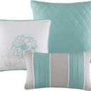 Madison Park Lola Sateen Cotton Comforter Set-Casual Medallion Floral Design All Season Down Alternative Bedding, Shams, Bedskirt, Decorative Pillows, King, Grey/Aqua 7 Piece