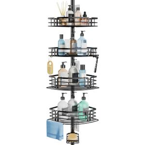 Consumest Corner Shower Caddy Tension Pole - Rustproof Shower Shelves with Towel Bar & Soap Holder, Adjustable Bath Organizer for Bathroom Storage, 27.6-108.3 inch, Black