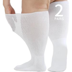 Wide Diabetic Socks for Men Women Plus Size, Extra Long Edema Sock with Thickened Sole, Non-Binding Loose Fit Socks for Swollen Feet, Lymphedema - 2 Pairs White