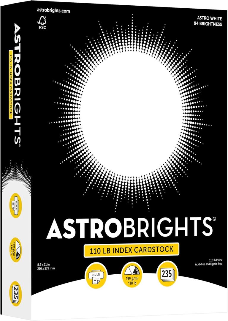 Premium Astrobrights White Cardstock, 8.5" x 11", 110 lb. Index, 94 Brightness, 235 Sheets - More Sheets, Heavyweight Astro White Card Stock for Invitations, Business Cards, Crafts and Printing