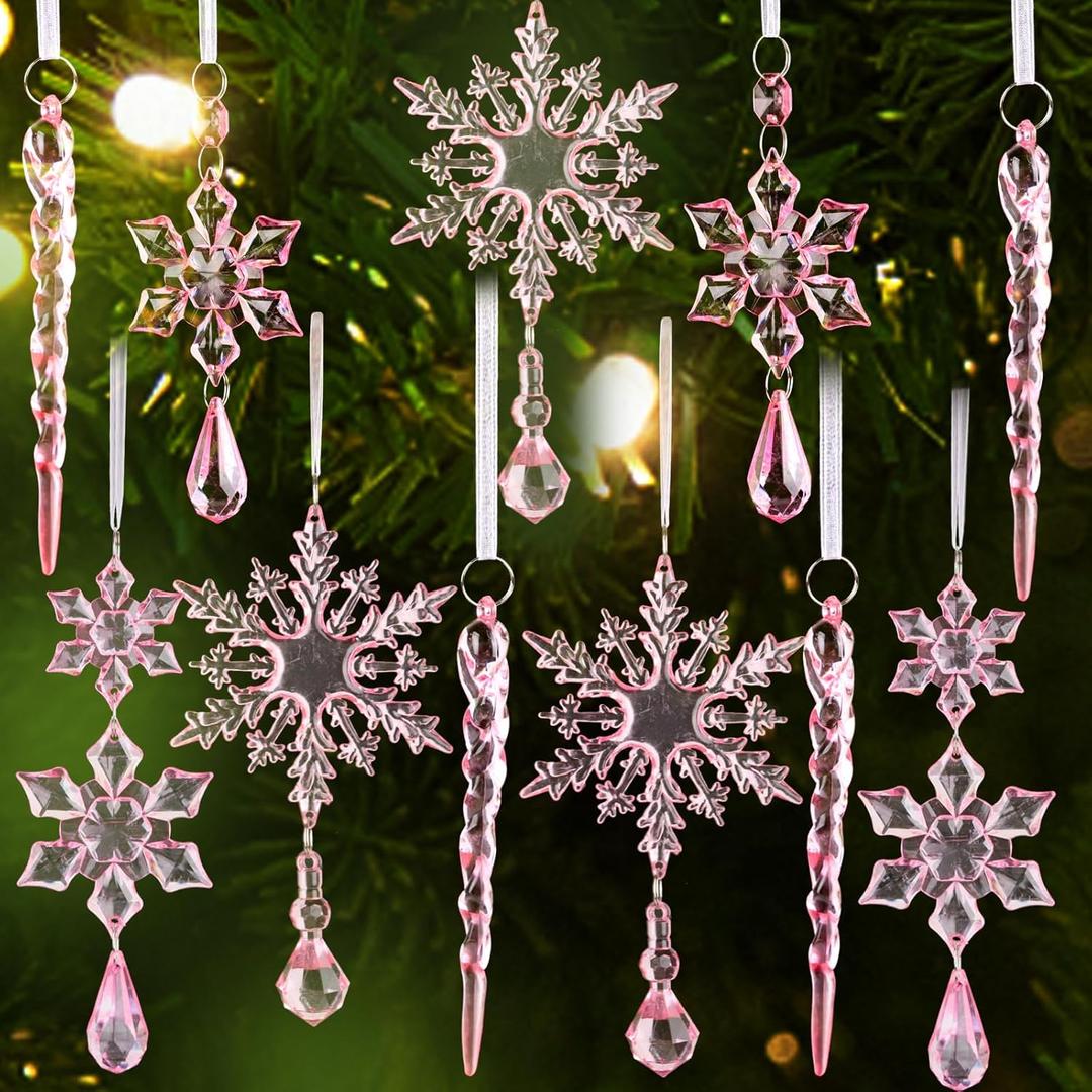 FOIMAS 25pcs Christmas Snowflake Icicle Ornament,Pink Acrylic Icicle Snowflake Drop Pendant Crystal Hanging Ornaments with Ribbon for Christmas Tree Home Decoration