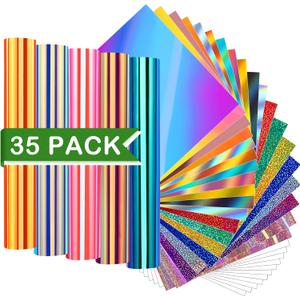 WRAPXPERT Holographic Permanent Vinyl Adhesive 35 Sheets Bundle-24 Vinyl Sheets 12"x12" & 6 Grid Transfer Paper & 5 Vinyl Layer Ppaer Compatible with All Crafters (01 Pack)