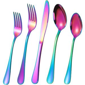 40 Piece Rainbow Silverware Set, Stainless Steel Flatware Set for 8 Colorful Cutlery Utensil Set Include Knife Fork Spoon Food Grade Mirror Polished Dishwasher Safe