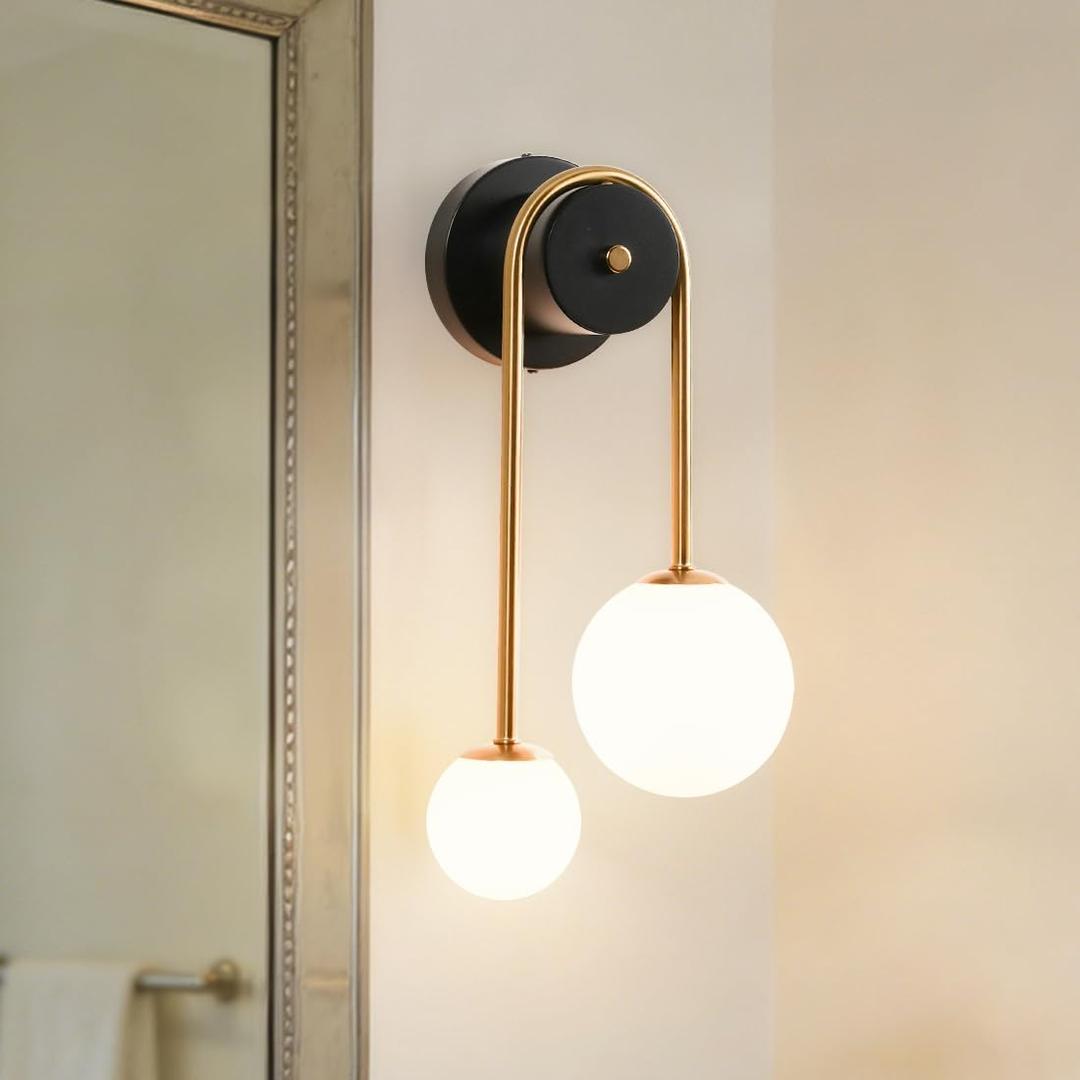 Skyblaze Mid-Century Modern Wall Sconce Glass Globes Wall Lamp Modern Wall Mount Light Adjustable Beside Wall Lamp with Glass Shade for Living Room Bedroom Dining Room, 15.7"H x7.9"W x 7.9"D