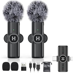 Mini Wireless Lavalier Microphone for iPhone, iPad, Android Phone - Noise Reduction Lapel USB C Bluetooth Mic for Recording, Clip on Omni Lav Mic for Video Recording, Tiktok, YouTube, Vlog (Black J25 2IN1)