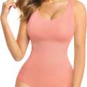 Nebility Womens' Waist Trainer Seamless Round Neck Tummy Control Shapewear Bodysuit (L, Orange-pink)