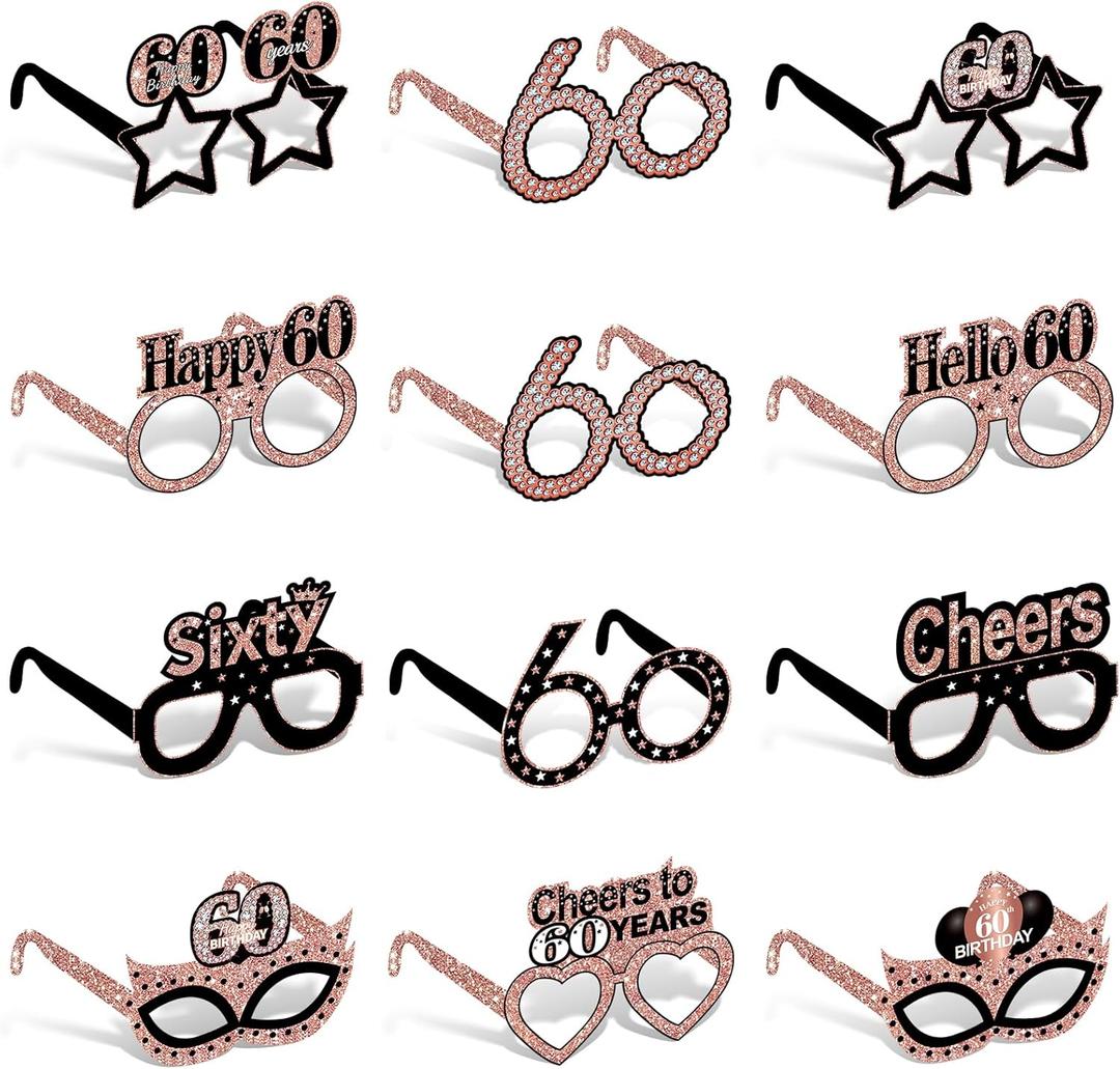 Zirtorei 24pcs 60th Birthday Paper Eyeglasses Decorations for Women, Rose Gold Happy 60th Birthday Eyeglasses Party Supplies, Cheers to 60 Years Bday Glasses Hello Sixty Photo Booth Props Decor