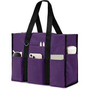 Becokan Large Tote Bag for Women Waterproof with 12 Pockets Top Zipper Closure Utility Teacher Nurse Bags for Work School (Purple)