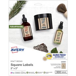 Avery Kraft Brown Square Labels with Sure Feed Technology, 2" x 2", Print to The Edge, Laser/Inkjet Printable Labels, 300 Total (22846)