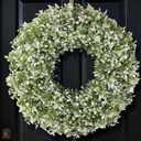 26" Artificial Boxwood Wreath for Front Door - Large Faux Aglaia Odorata Wreath, Fake Eucalyptus Leaves Plants for Wall Window Farmhouse Outdoor Decor - Spring, Summer, All Seasons (White-Green)