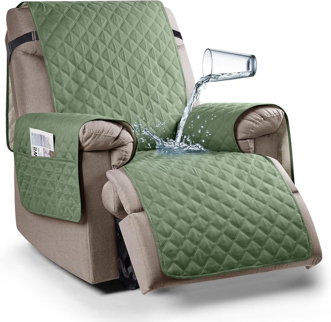 Ruaozz 100% Waterproof Recliner Chair Cover Non-Slip Oversized Reclining Cover for Large Recliner Chair Washable Chair Seat Cover with Elastic Straps for Kids, Dogs, Pets (Fern Green, 28'')