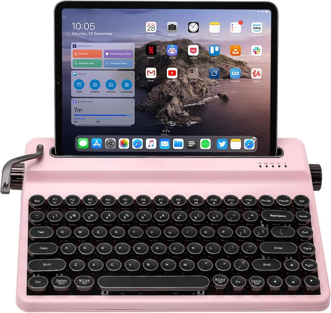 YUNZII QL75 Wireless Typewriter Hot Swap Retro Mechanical Keyboard,Punk Round Keycaps,RGB Backlit QMK/VIA Programmable,MultiDevice Keyboard with 2.4GHz/TypeC/BT5.0 (Pink, Cocoa Cream V2 Switch)