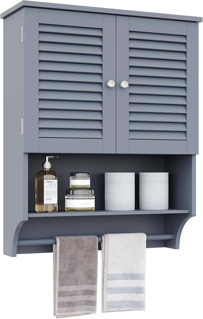 ChooChoo Bathroom Wall Cabinet with Towels Bar, 23.6" L x7.9 W x27.5 H MDF Material Medicine Cabinet, 2 Doors Over The Toilet Space Saver Storage Cabinet with Large Space, Grey ChooChoo Bathroom Wall Cabinet with Towels Bar, 23.6" L x7.9 W x27.5 H MDF Material Medicine Cabinet, 2 Doors Over The Toilet Space Saver Storage Cabinet with Large Space, Grey