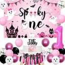 Halloween 1st Birthday Party Decorations for Girl Spooky One Backdrop Pink Black Hot Pink Balloons High Chair Banner Cake Topper for First Birthday Party Supplies