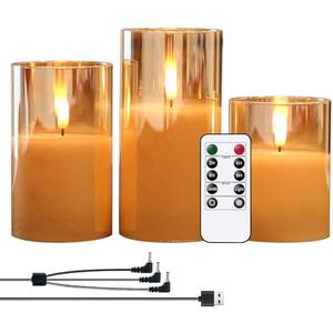 GenSwin Rechargeable LED Flameless Flickering Glass Candles with Remote Timer, Battery Operated Pillar Candles Long Lasting Gold Real Wax USB Candle (D 3”×H 4”5”6”)