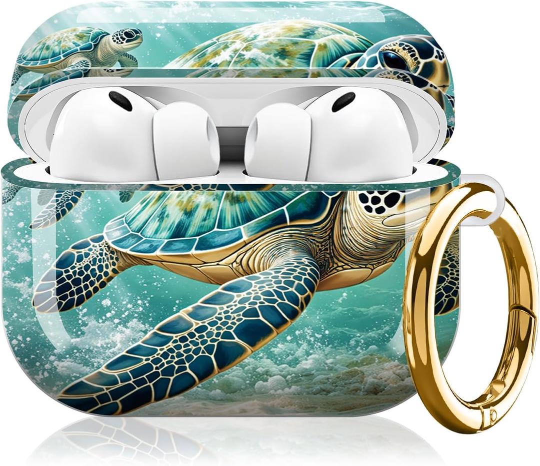 Shockproof Case Compatible with AirPods Pro 3 (2025) with Keychain, Unique Graphic Art Cover for Men & Women, Daily Commute, Wireless Charging Ready(Turtle Sea Water Art)