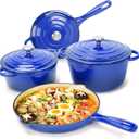 Hisencn 7-Piece Enameled Cast Iron Cookware Set-Dutch Ovens, Skillet & Saucepan with Lids- Ceramic Coated, Heavy Duty, Gas/Induction Compatible, Oven Safe to 550F, PFOA-Free, Cobalt Blue
