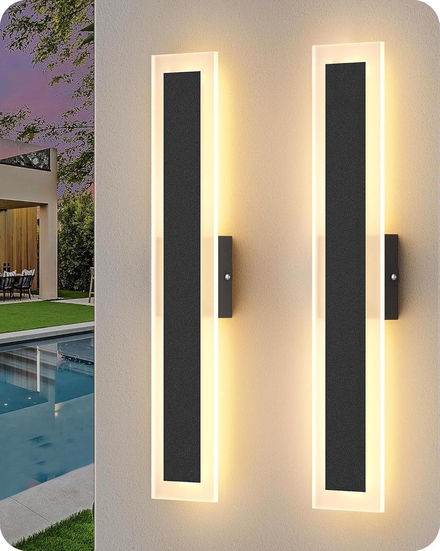 EDISHINE 23.6" Linear Modern Outdoor Wall Lights, 2 Pack Long Exterior Lighting Fixtures, 3CCT, Dimmable LED Outdoor Wall Sconce, IP65 Waterproof, Front Porch Light for Garage 16W 1200LM