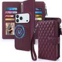 Harryshell 2 in 1 for iPhone 17 Air Wallet Case Magnetic Compatible with Magsafe RFID Blocking Card Holder Detachable Phone Cover Zipper Purse Kickstand Wrist Strap for Men Women Quilted Burgundy