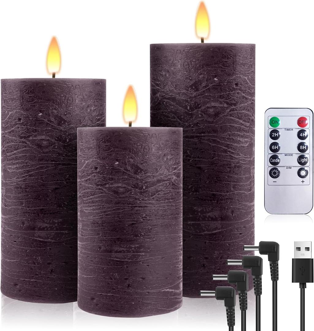 3 Pack Rechargeable LED Candles with 10-Key Remote Control, Waterproof Rechargeable Candles, Flameless Real Wax Flickering Wick, Yellow Light Pillar Candles with Timer Function - Dark Purple