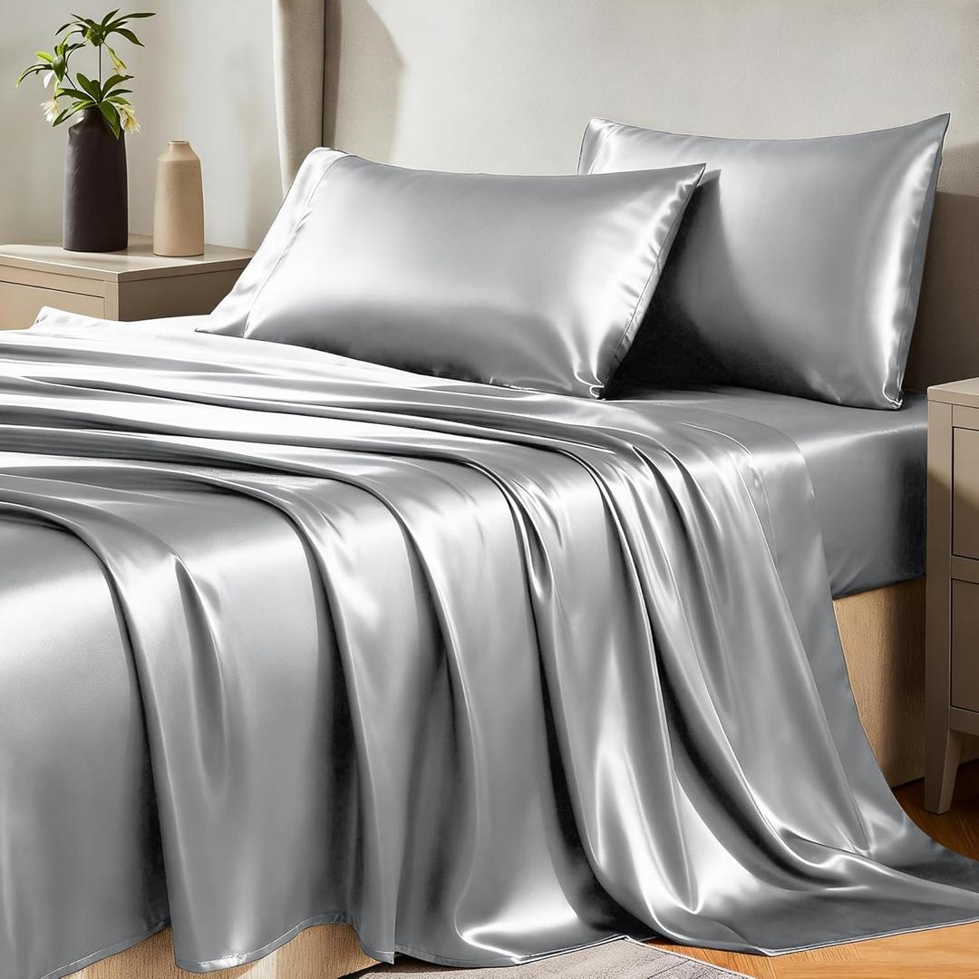 CozyLux Satin Sheets King Size Sheet Set - 4 Piece Silky King Sheets, Luxury Light Grey King Bed Set with Smooth and Soft Microfiber, Includes 1 Fitted Sheet, 1 Flat Sheet and 2 Pillowcases
