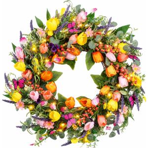 24 Inch Spring Wreaths for Front Door, Artificial Tulip Wreath with Lights & Butterflies, Spring Summer Easter Wreath for Indoor Outdoor Decor