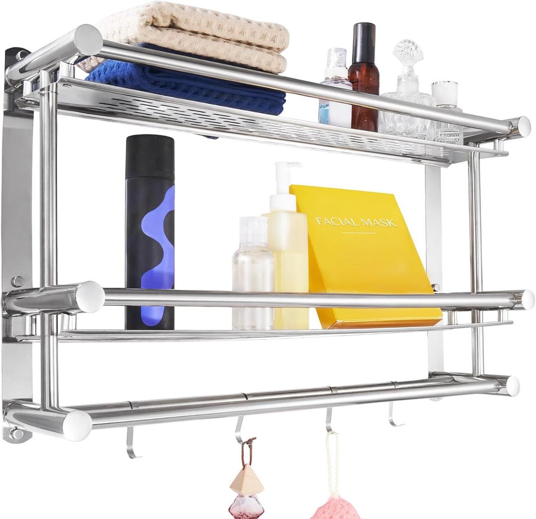 23.6 inch Wall Mounted Bathroom Shelf, 2 Tier Towel Rack, Stainless Steel
