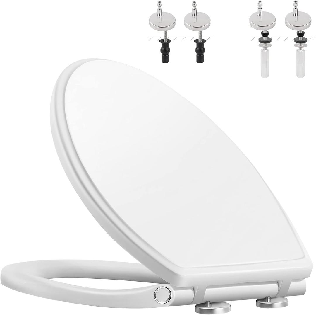 Hibbent Premium Elongated Toilet Seat with Cover(Oval) Quiet Close, One-Click to Quick Release, Easy Installation Never Loosen Hinge, Slow Close Toilet Seat and Cover, Easy Cleaning-White Color