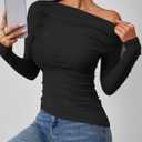 ZESICA Womens Off Shoulder Long Sleeve Tops 2026 Spring Casual Boat Neck Ruched Slim Fit Going Out Y2k Shirts Blouses (Black, M)