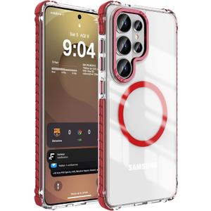DEERLAMN Strong Magnetic Case for Samsung Galaxy S26 Ultra 6.9-Inch,[Compatible with Magsafe][Military Grade Drop Protection] Clear Slim Shockproof Protective Phone Cover, Transparent+Red