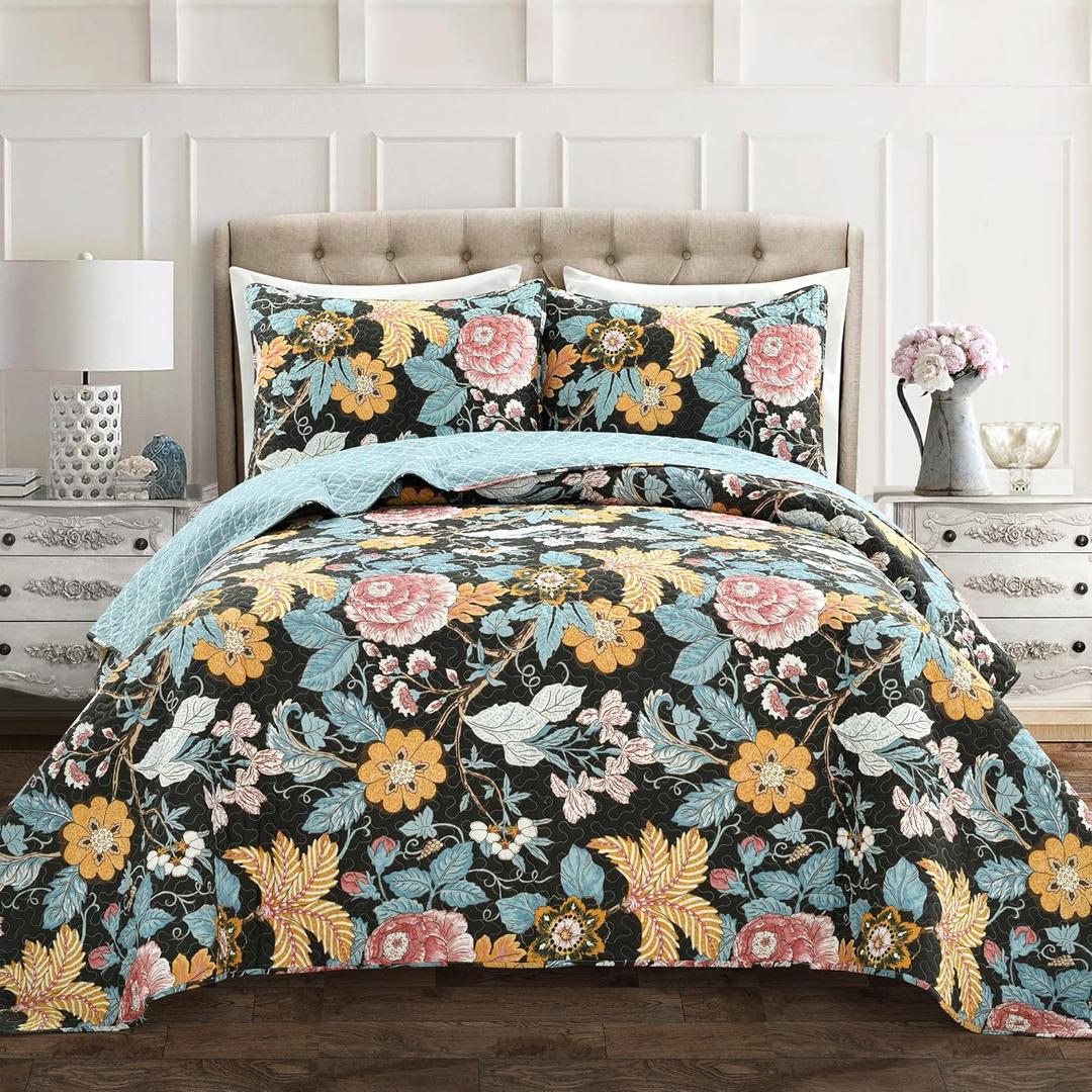 Lush Decor Sydney Reversible Cotton Quilt Set, 3 Piece Set, King, Black & Blue - Cotton Bedding Set - Black Floral Quilt - Cottage Decor - Bedding King Size