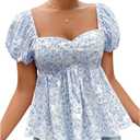 WDIRARA Women's Floral Print Sweetheart Neck Puff Short Sleeve Blouse Smocked Ruffle Hem Peplum Top XL