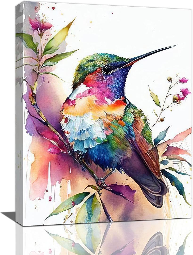 Yibuda Country Hummingbird Floral Wall Decor Colorful Flower Bird Pictures Art Watercolor Canvas Print Painting Framed Modern Home Artwork Decorations For Bedroom Kitchen Office 12''x16''