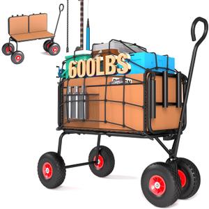 3 in 1 Beach Fishing Cart, Heavy Duty Garden Carts w/All Terrain Inflatable Tires, Folding Wagon Cart, Convert to Chair or Bench with Cushion, Rod Holders and Durable Oxford Bag (Tan)