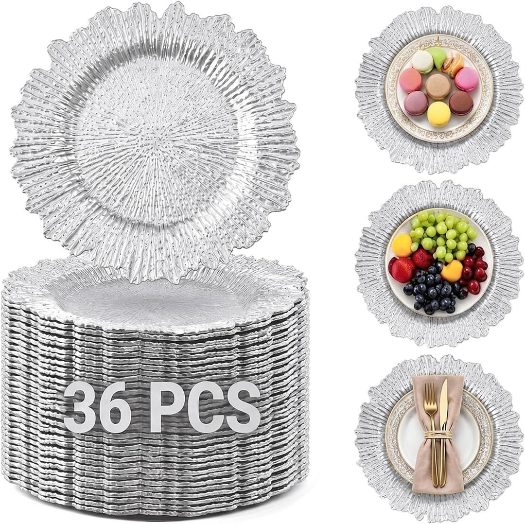 36 Pack Silver Charger Plates, Reef Chargers for Dinner Plates, Large