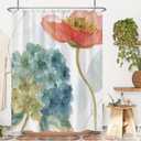 Watercolor Flower Shower Curtain, Blue Floral Shower Curtain Set for Bathroom, Turquoise Blue Natural Modern Plant Minimalist Fabric Bath Curtain with Hooks, 72x72in