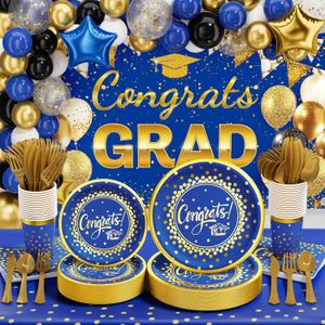 Ecomore 2025 Graduation Party Supplies 245 PCS (25 Guest) Graduation Party Decorations With Paper Plates Cups Napkins Cutlery & Tablecloth Backdrop Balloon for 2025 Grad Decorations - Blue & Gold