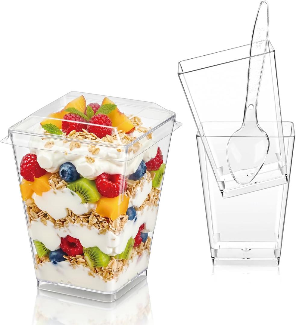 Hiasobre 5oz 75Pcs Plastic Dessert Cups with Lids and Spoons, Reusable Clear Parfait Appetizer Cups, Square Party Shooter Serving Cup, Mini Dessert Shot Glasses for Tasting