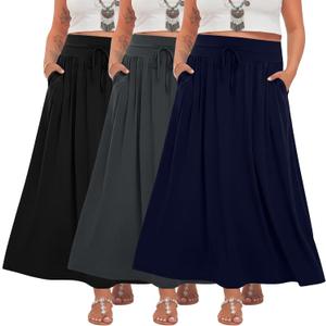 3 Pack Plus Size Maxi Skirts for Curvy Women Summer Tiered A Line Boho Ruffle Flowy Pleated Skirts with Pockets XXL