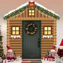 Christmas Wooden House Porch Sign Banners Rustic Wood Cabin with Christmas Wreath Photography Backdrop Xmas Party Photo Props Doors Hanging Banners Backdrop for Home Holiday Party Decoration Supplies
