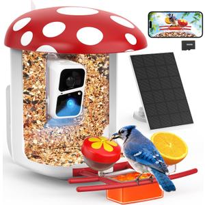Smart Bird Feeder with Camera 2K Live Real-Time Alert AI Identify with 32G Card DIY Attachments Camera Bird Feeder Solar Powered Wireless Outdoor Birdwatching Gift for Birds Lover, Red
