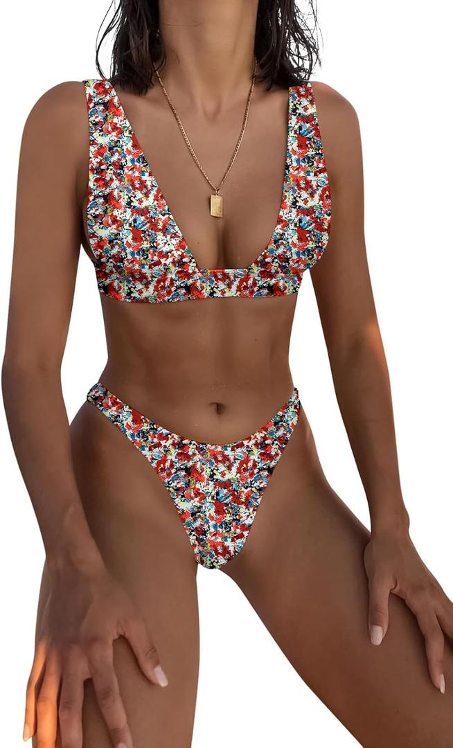 Bathing Suits for Women Deep V Neck Sexy Two Piece Bikini Sets for Women Thong Halter Cheeky Swimsuit (Flower 1)