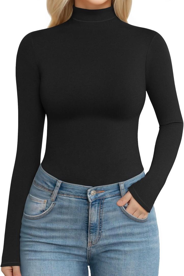 MANGOPOP Women's Mock Turtle Neck Long Sleeve Shirts Fitted Fall Winter Undershirt Tight Tops Slim Fit Basic Tee (Black, XL)