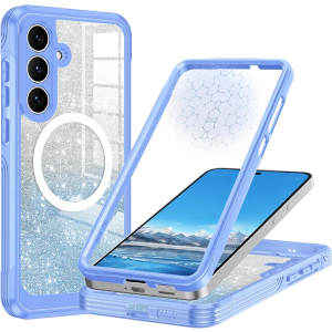 Hekodonk for Galaxy S25 FE Case Glitter,Compatible with MagSafe[Built-in Tempered Glass Screen Protector & Camera Lens Protection] Full Body Shockproof Protective Bling Phone Case,Blue