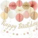 Boho Pink Happy Birthday Decorations, Pre-Strung Happy Birthday Banner with Honeycomb Balls, Paper Flowers, Lanterns, Fans, Hanging Swirls, Circle Dots Garland for Birthdays Party Decorations 24pcs