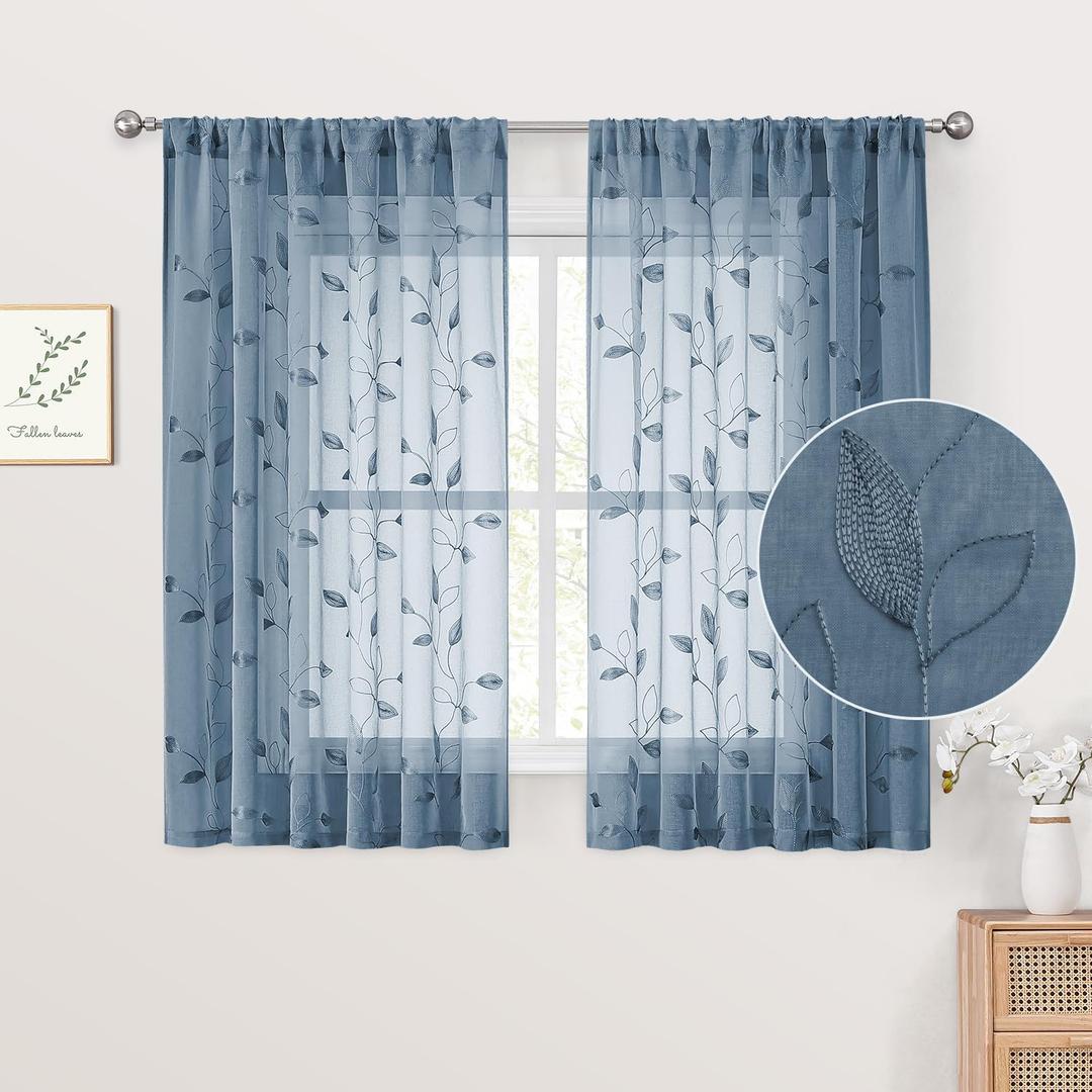 HOMEIDEAS Stone Blue Sheer Kitchen Curtains 52 x 54 Inch Length 2 Panels Embroidered Leaf Pattern Short Curtains for Bedroom Half Small Bathroom Window Rod Pocket Tiers