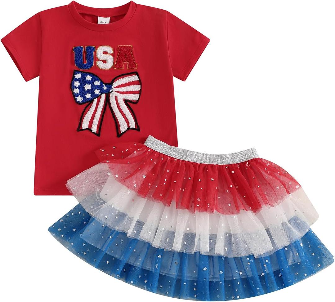 Kayotuas 4th of July Toddler Girl Outfit USA Bow Shirt Red White Blue Sparkle Star Tulle Skirt Set Fourth of July Tutu Dress (Red, 4-5T)