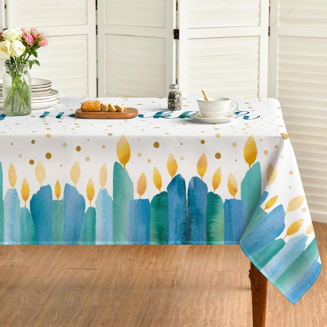 Horaldaily Hanukkah Tablecloth 60x84 Inch Rectangle,Candles Table Cloth Holiday Table Cover for Party Dinner Decor (White/Blue)