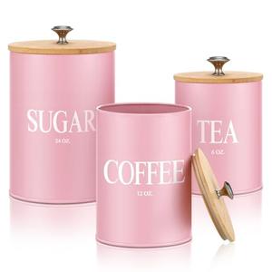 Blushtier 3 Pack Pink Kitchen Canister Set Metal Tea Coffee Sugar Jar Container with Bamboo Airtight Lids Food Storage Containers for Bar Counter Farmhouse Kitchen Decor 6, 12, 24 oz